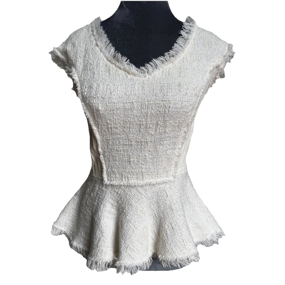 Rebecca Taylor Blouse 4 Tweed Leather‎ Peplum Coquette Old Money Luxury $350 - Picture 7 of 16